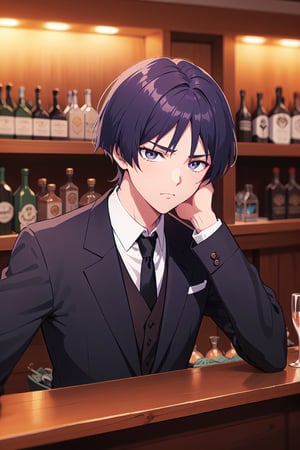 1boy, solo, male focus, portrait, Scara, black suit, black tie, tired face, dark purple eyes, at a bar