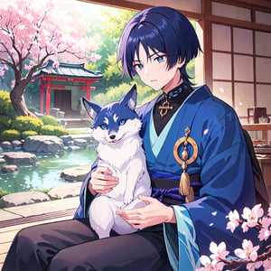 Masterpiece, best quality, 1boy, solo, male focus, portrait, Scara, relaxed face, dark eyes, blue male kimono, sitting, small blue fox on his lap,  blue YaeMikoFox, holding animal, japanese garden background, cherry blossoms,