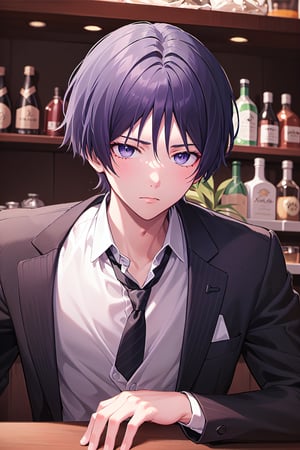 1boy, solo, male focus, portrait, Scara, black suit, white shirt, black tie, tired face, dark purple eyes, at a bar