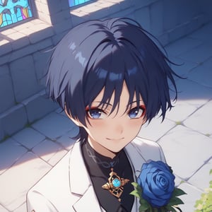 Score_9,score_8_up,score_7_up,Highly detailed, masterpiece, high quality, beautiful, high resolution, good details,1boy,solo,male focus,mezcla5v2,outdoor,church,suit,white suit,blue necktie,blue roses,smile,looking up, from above,bouquet the blue roses, bouquet between hands,smile,blush,happy,looking at viewer,wanderer,dark blue hair,blue eyes,red eyeliner