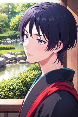 1boy, solo, male focus, portrait, Scara, male kimono, japanese garden background