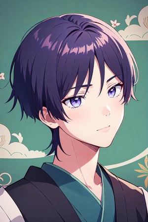 1boy, solo, male focus, portrait, Scara, male kimono, dark purple eyes, japanese garden background