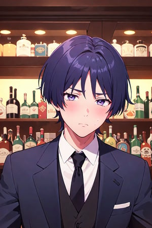 1boy, solo, male focus, portrait, Scara, black suit, black tie, sad, dark purple eyes, at a bar, slight blush