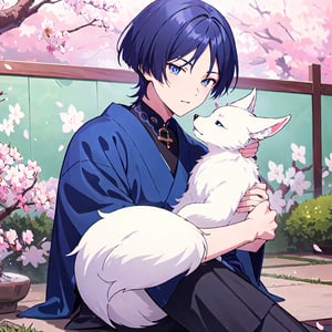 Masterpiece, best quality, 1boy, solo, male focus, portrait, Scara, relaxed face, dark eyes, blue male kimono, sitting, hugging a small white fox, YaeMikoFox, holding animal, japanese garden background, cherry blossoms,
