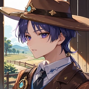 score_9, score_8_up, score_7_up, source_anime, portrait, 1boy, solo, male focus,scara,purple hair,purple eyes, cowboy hat, cowboy clothes, at a barn