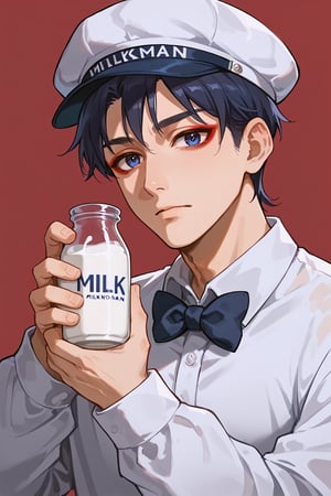 Prompt: score_9,score_8_up,score_7_up,source_anime, 1boy, portrait, male focus, solo, wanderer,dark blue hair,dark blue eyes,red eyeliner, dressed as milkman, White Shirt, Bowtie, Baggy Eyes, Hat, wanderer dressed as a milkman,Milkman, by the front door, holding a bottle of milk,