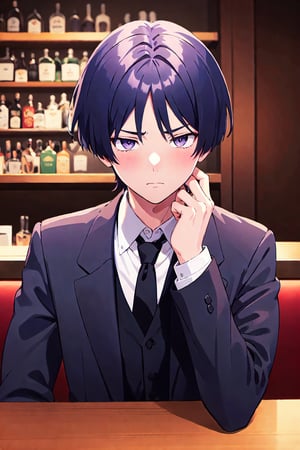 1boy, solo, male focus, portrait, Scara, black suit, black tie, sad, dark purple eyes, at a bar, slight blush