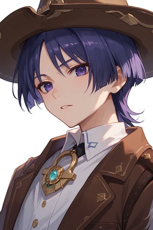 score_9, score_8_up, score_7_up, source_anime, portrait, 1boy, solo, male focus,scara,purple hair,purple eyes, cowboy hat, cowboy clothes, at a stable