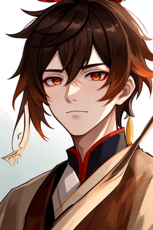 masterpiece, 1boy, male focus, mature man, solo, face focus, detailed face, faint smile, character (series), zhongli_(genshin_impact), hanfu, chinese_clothes, long brown hair, hair ornament, red eyeliner, 