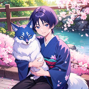 Masterpiece, best quality, 1boy, solo, male focus, portrait, Scara, relaxed smile, dark eyes, blue male kimono, japanese kimono, sitting, small blue fox on his lap,  blue YaeMikoFox, holding animal, japanese garden background, cherry blossoms,