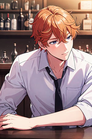 1boy, solo, male focus, portrait, tartaglia, orange hair, white shirt, black tie, at a bar