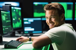 [A close-up of Leo’s face, smiling and counting down, as he monitors the hookups from a bulky computer], [photorealistic, sci-fi style, inspired by The Matrix], [bright and hopeful atmosphere, green and white tones, tight framing], --style unreal engine, --quality 1, Use a Fujifilm GFX 100S with an 80mm f/1.7 lens