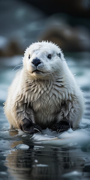 A majestic white sea otter emerges from the icy ocean, its fluffy and soft fur glistening in the warm natural light. The camera captures a dynamic distance shot, showcasing the otter's majestic pose amidst the frozen waves. Cinematic lighting highlights the texture of its hairy coat, while perfect composition and super detail render every whisker and strand with photorealistic quality. Reflections on the ice create a sense of depth, set against a detailed background that appears almost three-dimensional. Framed by an f/1.8 aperture, light rays dance across the scene, revealing intricate details in high resolution. This masterpiece is a testament to artistic mastery, perfect for a 8K wallpaper.,Penguin 