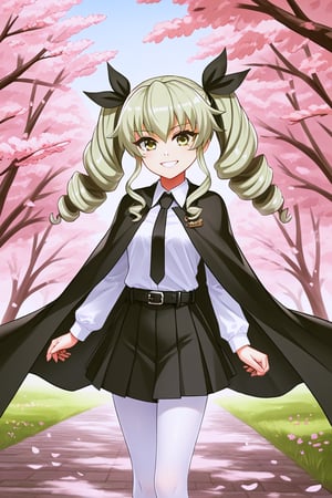 masterpiece,best quality,highres,ultra-detailed,aaanchovy,long hair,twin drills,bangs,hair ribbon,long sleeves,black cape,emblem,black necktie,wing collar,dress shirt,black belt,(black skirt:1.1),white pantyhose,loafers,outdoors,cherry blossoms,standing,cowboy shot,smile,