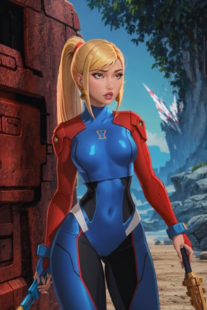 cowboy shot of samus aran, ponytail, metroid, holding weapon, blue bodysuit, spaceship background