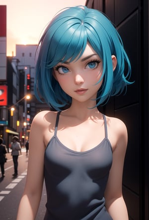 centered, award winning medium shot portrait, (game cg, 3d, unreal engine), (beautiful detailed eyes), (gorgeous woman face), | solo, 1girl, short hair, aqua hair color, dark blue eyes color, | casual outfit, (small breasts:1.2), | sunset, city, tokyo, buildings, city lights, | depth of field, bokeh, | smooth detailed shadows, hyperealistic shadows, (saturated colors:1.2) |