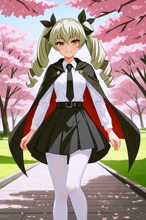 masterpiece,best quality,highres,ultra-detailed,aaanchovy,long hair,twin drills,bangs,hair ribbon,long sleeves,black cape,emblem,black necktie,wing collar,dress shirt,black belt,(black skirt:1.1),white pantyhose,loafers,outdoors,cherry blossoms,standing,cowboy shot,smile,