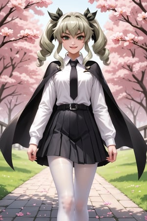 masterpiece,best quality,highres,ultra-detailed,aaanchovy,long hair,twin drills,bangs,hair ribbon,long sleeves,black cape,emblem,black necktie,wing collar,dress shirt,black belt,(black skirt:1.1),white pantyhose,loafers,outdoors,cherry blossoms,standing,cowboy shot,smile,