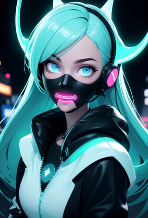 (frontal view, facing viewer:1.2), centered, masterpiece, face portrait, | 1girl, solo, aqua hair color, short hairstyle, light blue eyes, | (neon wireless headphones headset:1.2), (black neon futuristic mouth mask:1.2), dark blue hoodie, | futuristic city lights, sunset, buildings, urban scenery, neon lights | bokeh, depth of field,3d