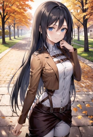 (masterpiece), best quality, high resolution, highly detailed, detailed background, perfect lighting, 1girl,long hair, light blue eyes,light smile , medium breasts, autumn,,Cartoon,hmmikasa