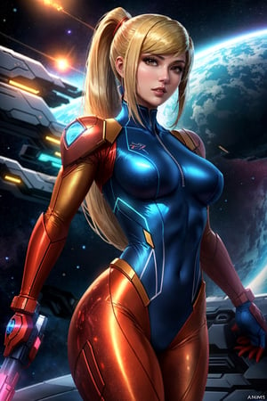 cowboy shot of samus aran, ponytail, metroid, holding weapon, blue bodysuit, spaceship background