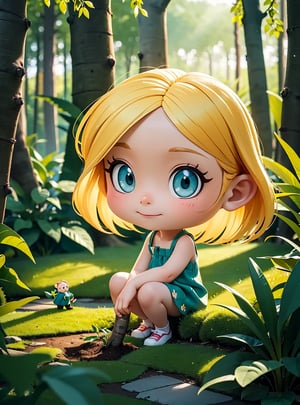 A cute girl planting a small tree in a magical forest, Tyndall effect lights, very windy, full body portrait, 4K, dynamic angle, photorealistic, reflections, solo, closeup,chibi, big head,