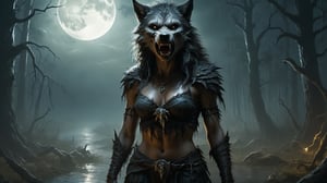 (((female character))),
((she is wearing torn clothes))
1 girl,
masterpeace, best quality, extremely detailed, 4k, scary setting, fog, haunted, horror, dark scenery, dimly lit, Photorealistic wide angle, documentary style, vibrant night colors, use earthy colors, (female werewolf), moon lit nigh, deep in forest, fantasy art, lots of lightning (swamp environm ent), a (female werewolf) is a supernatural entity with the attributes of a wolf ‘s, eyes, enormus, sharp focus, art by Boris Vallejo,hairy, concept art forest environment, sharp claws dripping blood, carnal, eerie, creepy, nightmarish, very dark colors, ligh, extremely realistic, full moon, 

dynamic background, 8k resolution, looking away, masterpiece, best quality, Photorealistic, ultra-high resolution, photographic light, full body, best quality, best resolution, cinematic lighting, Hyper detailed, Hyper realistic, masterpiece, atmospheric, sinister, high resolution, vibrant, dynamic studio lighting, wlop, fantasy horror art, photorealistic dark concept art, in style of dark fantasy art, detailed 4k horror artwork, stefan koidl inspired, ((stefan koidl)), spotlight, fantasy, surreal, detailmaster2, DonMn1ghtm4reXL, Movie Still,monster,more detail XL,photo r3al