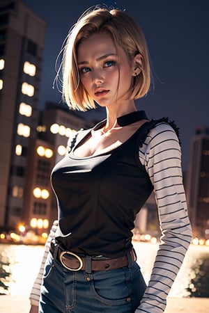 masterpiece, best quality, absurdres, 8K, super fine, best_lighting,

 (standing:1.3), female_solo, ,Android_18_DB, (mature:1.2), beautiful woman,
short hair with undercut,
(looking_at_viewer)),

