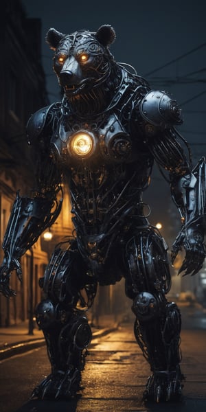 create a hyper realistic image of mechanical looking bear demon , made out of robot part , hellish look , scary and terrifying., dark mood, pitch black night , illuminited by old street lamps.,.highly detailed . high_resolution, highly detailed, sharp focus.8k,NightmareFlame