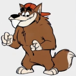 male, werewolf, solo, brown fur, pale snout, pale paws, tail, four fingers, three toes, backwards cap, red hat, front tooth, fangface, standing, cartoon, pale tail tip