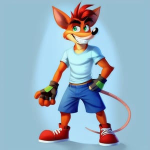 male, crash bandicoot, anthro, solo, red fur, rat, four fingers, light blue shirt, standing, red shoes, fingerless gloves, blue shorts, four fingers, brown gloves, smiling, teeth, green eyes