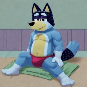 bandit heeler, red speedo, purple briefs, blue fur, Bluey, male, sitting, green towel