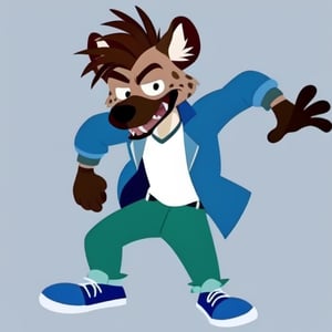hyena, short spiky hair, light brown body, blue jacket, white shirt, green pants, blue shoes, small fangs, cartoon, solo