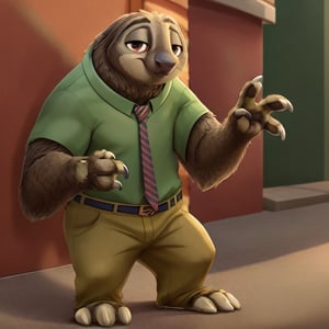 flash, sloth, anthro, solo, zootopia, male, four fingers, three toes, white claws, green shirt, striped necktie, khakis, belt, full body, standing, long claws, street