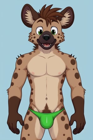 a cute and friendly cartoon hyena with light brown fur and spiky brown hair, wearing a green Speedo