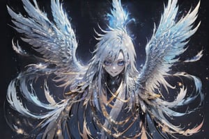 1guy. beautiful detailes, angel_wings, smile, beautiful detailed_face, white suit, halo_(copyright), dark background, detail wings,wings, very_long_hair, ,phoenix wing