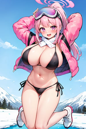 (masterpiece), best quality, perfect face, expressive eyes, lewd, (huge breasts:1.2), smile, open mouth, (jumping, arms up:1.2), happy, (blushing:1.2), snowy field, frozen lake, bbeimi,halo,purple eyes,long hair,ponytail,bangs,large breasts,cleavage,goggles,goggles on head,pink jacket,long sleeves,open clothes,off shoulder,white scarf,halterneck,scarf,black bikini,side-tie bikini bottom,boots,(white footwear:1.2)