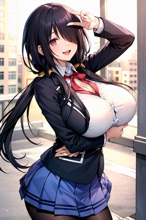 (masterpiece), best quality, perfect face, expressive eyes, (huge breasts:1.2), smile, open mouth, standing, city, evening, bbkurumi, long hair, low twintails, hair over one eye, school uniform, blazer, black jacket, pleated skirt, blue skirt, black pantyhose,masterpiece