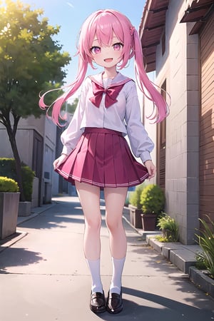 (masterpiece), best quality, perfect face, expressive eyes, young, loli, smile, standing, full body, open mouth, outdoors, school uniform, white shirt, red skirt, pink hair, pink eyes, 