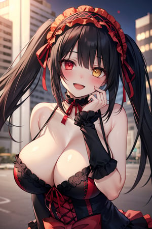 (masterpiece), best quality, perfect face, expressive eyes, (huge breasts:1.2), smile, open mouth, blushing, standing, city, evening, aakurumi, long hair, twintails, hairband, heterochromia, medium breasts, cleavage, black choker, red ribbon, bare shoulders, gothic, red dress, red bow, detached sleeves