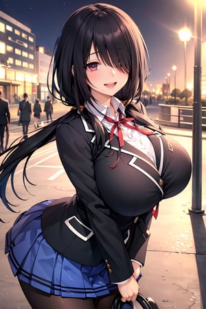 (masterpiece), best quality, perfect face, expressive eyes, (huge breasts:1.2), smile, open mouth, standing, city, evening, bbkurumi, long hair, low twintails, hair over one eye, school uniform, blazer, black jacket, pleated skirt, blue skirt, black pantyhose,masterpiece