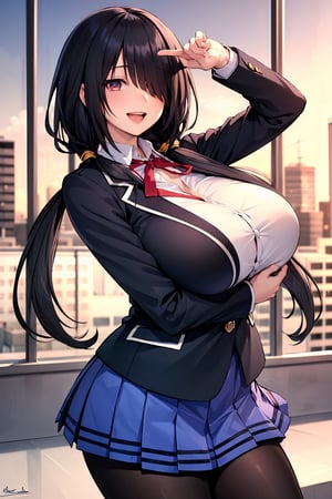 (masterpiece), best quality, perfect face, expressive eyes, (huge breasts:1.2), smile, open mouth, standing, city, evening, bbkurumi, long hair, low twintails, hair over one eye, school uniform, blazer, black jacket, pleated skirt, blue skirt, black pantyhose,masterpiece