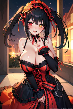 (masterpiece), best quality, perfect face, expressive eyes, (huge breasts:1.2), smile, open mouth, blushing, standing, city, evening, aakurumi, long hair, twintails, hairband, heterochromia, medium breasts, cleavage, black choker, red ribbon, bare shoulders, gothic, red dress, red bow, detached sleeves