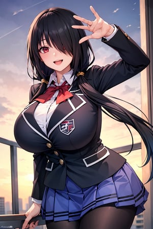 (masterpiece), best quality, perfect face, expressive eyes, (huge breasts:1.2), smile, open mouth, standing, city, evening, bbkurumi, long hair, low twintails, hair over one eye, school uniform, blazer, black jacket, pleated skirt, blue skirt, black pantyhose,masterpiece