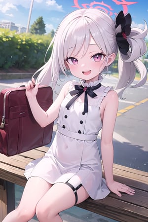 (masterpiece), best quality, perfect face, expressive eyes, young, loli, smile, open mouth, outdoors, white hair, pink eyes,