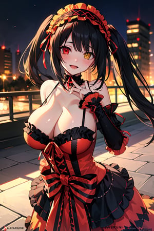 (masterpiece), best quality, perfect face, expressive eyes, (huge breasts:1.2), smile, open mouth, blushing, standing, city, evening, aakurumi, long hair, twintails, hairband, heterochromia, medium breasts, cleavage, black choker, red ribbon, bare shoulders, gothic, red dress, red bow, detached sleeves