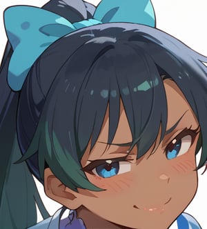 score_9, score_8_up, score_8, 1girl, solo, close view, close-up, gnhhbk, blue eyes, dark skin, black hair, long hair, ponytail, green hair bow, smug, smirk, blush, naughty face, girl with expression of pleasure