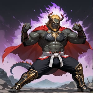 score_9, score_8_up, score_7_up, (thanuki_xl), 1boyl, solo, male focus, old man, Ganondorf, ((monster boy, dragon boy, dragon horns)), dragon tail, ((colored skin, black skin, black scales, scaly skin:1.4)), muscular, muscular male, ((blonde hair)), beard, ((full armor, black armor)), gauntlets, armored boots, cape, (martial arts, fighting stance, dark aura:1.3), (scenery), volcanic wasteland, purple fire