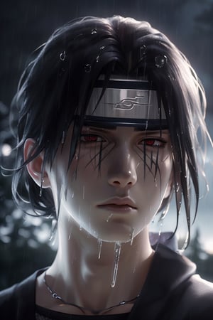 (Forest, low light), night, shady blurred background , rain, wet hair, ((rain drops on his face)), (looking to the sky), melancholic, extremely detailed, realistic, perfect composition, masterpiece 8k wallpapper,1male,Itachi Uchiha,  black hair, head_band (itachi's headband , silver)