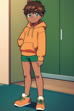 solo, smile, indoors, brown hair, 1boy, day, green eyes, orange_shirt, full body, male focus, shorts, dark skin, hood, hoodie, dark-skinned male, green shorts